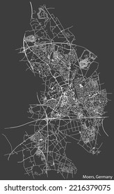 Detailed negative navigation white lines urban street roads map of the German regional capital city of MOERS, GERMANY on dark gray background