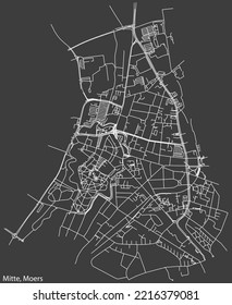 Detailed negative navigation white lines urban street roads map of the MITTE QUARTER of the German regional capital city of Moers, Germany on dark gray background