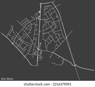 Detailed negative navigation white lines urban street roads map of the EICK QUARTER of the German regional capital city of Moers, Germany on dark gray background