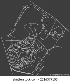 Detailed negative navigation white lines urban street roads map of the BAERLER BUSCH QUARTER of the German regional capital city of Moers, Germany on dark gray background