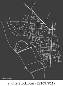 Detailed negative navigation white lines urban street roads map of the UTFORT QUARTER of the German regional capital city of Moers, Germany on dark gray background