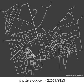 Detaillierte Negativnavigation mit weißen Linien Stadtstraßen Karte des MEERBECK QUARTER der deutschen Hauptstadt Moers auf dunkelgrauem Hintergrund