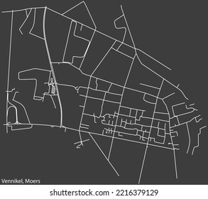 Mapa detallado negativo de las líneas blancas de navegación en las calles urbanas del barrio VENNIKEL de la capital regional alemana de Moers, Alemania sobre fondo gris oscuro