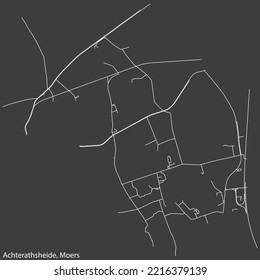 Detailed negative navigation white lines urban street roads map of the ACHTERATHSHEIDE QUARTER of the German regional capital city of Moers, Germany on dark gray background