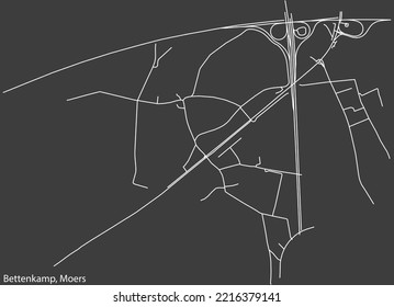 Detailed negative navigation white lines urban street roads map of the BETTENKAMP QUARTER of the German regional capital city of Moers, Germany on dark gray background