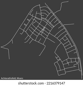 Detailed negative navigation white lines urban street roads map of the ACHTERATHSFELD QUARTER of the German regional capital city of Moers, Germany on dark gray background