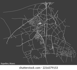 Detailed negative navigation white lines urban street roads map of the KAPELLEN DISTRICT of the German regional capital city of Moers, Germany on dark gray background