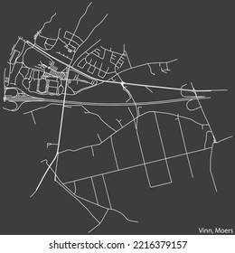 Detailed negative navigation white lines urban street roads map of the VINN QUARTER of the German regional capital city of Moers, Germany on dark gray background
