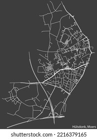 Mapa detallado negativo de líneas blancas de navegación en las calles urbanas del TRIMESTRE HÜLSDONK de la capital regional alemana de Moers, Alemania sobre fondo gris oscuro