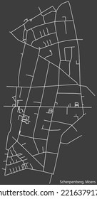 Detailed negative navigation white lines urban street roads map of the SCHERPENBERG QUARTER of the German regional capital city of Moers, Germany on dark gray background