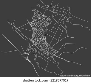 Detailed negative navigation white lines urban street roads map of the ITZUM-MARIENBURG MUNICIPALITY of the German regional capital city of Hildesheim, Germany on dark gray background