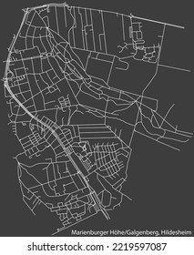 Mapa detallado negativo de líneas blancas de navegación en las calles urbanas del MUNICIPIO MARIENBURGER HÖHE-GALGENBERG de la capital regional alemana Hildesheim, Alemania sobre fondo gris oscuro