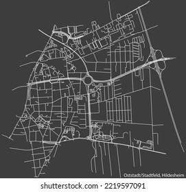 Detailed negative navigation white lines urban street roads map of the OSTSTADT-STADTFELD MUNICIPALITY of the German regional capital city of Hildesheim, Germany on dark gray background