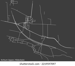 Detailed negative navigation white lines urban street roads map of the ACHTUM-UPPEN MUNICIPALITY of the German regional capital city of Hildesheim, Germany on dark gray background