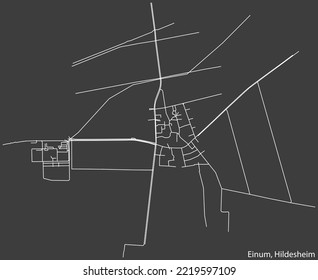 Detailed negative navigation white lines urban street roads map of the EINUM MUNICIPALITY of the German regional capital city of Hildesheim, Germany on dark gray background