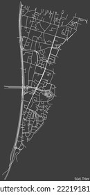 Detailed negative navigation white lines urban street roads map of the SÜD MUNICIPALITY of the German regional capital city of Trier, Germany on dark gray background