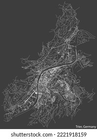 Detailed negative navigation white lines urban street roads map of the German regional capital city of TRIER, GERMANY on dark gray background