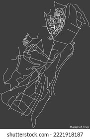 Mapa detallado negativo de líneas blancas de navegación en las calles urbanas del MUNICIPIO MARIAHOF de la capital regional alemana de Trier, Alemania sobre fondo gris oscuro