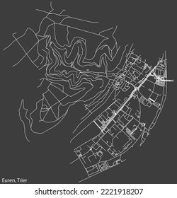 Mapa detallado negativo de líneas blancas de navegación en las calles urbanas del MUNICIPIO EUREN de la capital regional alemana de Trier, Alemania sobre fondo gris oscuro