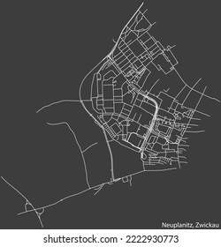 Detailed negative navigation white lines urban street roads map of the NEUPLANITZ DISTRICT of the German regional capital city of Zwickau, Germany on dark gray background
