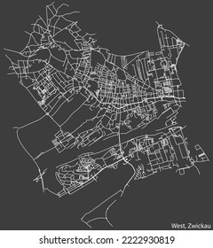 Detailed negative navigation white lines urban street roads map of the WEST MUNICIPALITY of the German regional capital city of Zwickau, Germany on dark gray background