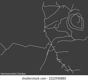 Detailed negative navigation white lines urban street roads map of the HARTMANNSDORF DISTRICT of the German regional capital city of Zwickau, Germany on dark gray background