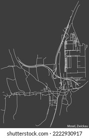 Detailed negative navigation white lines urban street roads map of the MOSEL DISTRICT of the German regional capital city of Zwickau, Germany on dark gray background