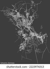 Detailed negative navigation white lines urban street roads map of the German regional capital city of SCHWERIN, GERMANY on dark gray background