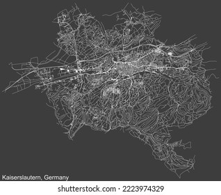 Detailed negative navigation white lines urban street roads map of the German regional capital city of KAISERSLAUTERN, GERMANY on dark gray background