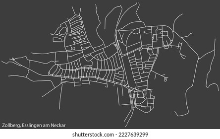 Detailed negative navigation white lines urban street roads map of the ZOLLBERG MUNICIPALITY of the German regional capital city of Esslingen, Germany on dark gray background