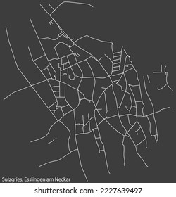 Detailed negative navigation white lines urban street roads map of the SULZGRIES MUNICIPALITY of the German regional capital city of Esslingen, Germany on dark gray background