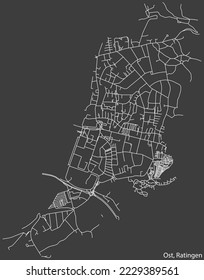 Detailed negative navigation white lines urban street roads map of the OST MUNICIPALITY of the German regional capital city of Ratingen, Germany on dark gray background