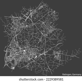 Detailed negative navigation white lines urban street roads map of the German regional capital city of RATINGEN, GERMANY on dark gray background