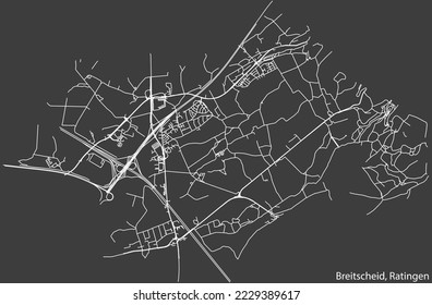 Detailed negative navigation white lines urban street roads map of the BREITSCHEID MUNICIPALITY of the German regional capital city of Ratingen, Germany on dark gray background