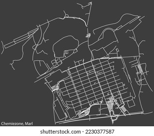 Detailed negative navigation white lines urban street roads map of the CHEMIEZONE MUNICIPALITY of the German regional capital city of Marl, Germany on dark gray background