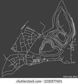 Detailed negative navigation white lines urban street roads map of the HÜLS-NORD MUNICIPALITY of the German regional capital city of Marl, Germany on dark gray background