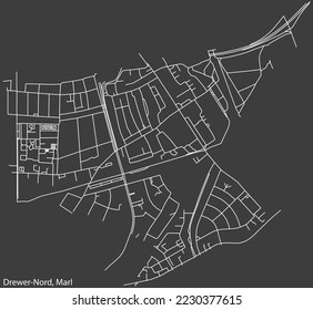 Detailed negative navigation white lines urban street roads map of the DREWER-NORD MUNICIPALITY of the German regional capital city of Marl, Germany on dark gray background