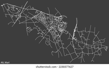 Detailed negative navigation white lines urban street roads map of the ALT-MARL MUNICIPALITY of the German regional capital city of Marl, Germany on dark gray background