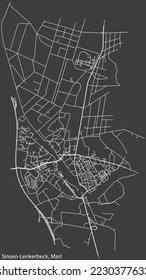 Detailed negative navigation white lines urban street roads map of the SINSEN-LENKERBECK MUNICIPALITY of the German regional capital city of Marl, Germany on dark gray background