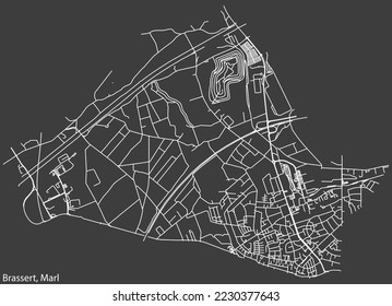 Detailed negative navigation white lines urban street roads map of the BRASSERT MUNICIPALITY of the German regional capital city of Marl, Germany on dark gray background