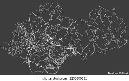 Detailed negative navigation white lines urban street roads map of the NEVIGES MUNICIPALITY of the German regional capital city of Velbert, Germany on dark gray background