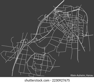 Detaillierte Karte mit Negativnavigationslinien der Stadtstraßen der KLEIN-AUHEIM MUNICIPALITY der deutschen Stadt HANAU auf dunkelgrauem Hintergrund