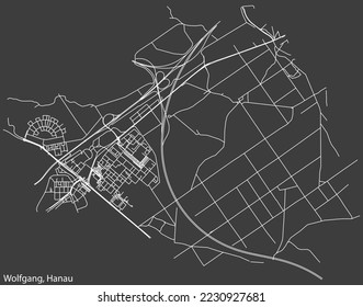 Detailed negative navigation white lines urban street roads map of the WOLFGANG MUNICIPALITY of the German town of HANAU, Germany on dark gray background