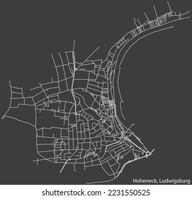 Detaillierte Karte mit Negativnavigationslinien der Stadtstraßen der HOHENECK MUNICIPALITY der deutschen Hauptstadt LUDWIGSBURG auf dunkelgrauem Hintergrund