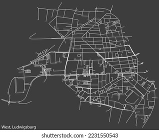 Detailed negative navigation white lines urban street roads map of the WEST MUNICIPALITY of the German regional capital city of LUDWIGSBURG, Germany on dark gray background