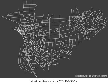 Detailed negative navigation white lines urban street roads map of the POPPENWEILER MUNICIPALITY of the German regional capital city of LUDWIGSBURG, Germany on dark gray background
