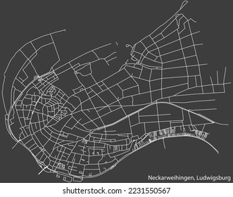 Detailed negative navigation white lines urban street roads map of the NECKARWEIHINGEN MUNICIPALITY of the German regional capital city of LUDWIGSBURG, Germany on dark gray background