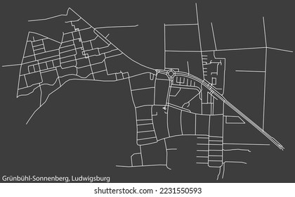 Detailed negative navigation white lines urban street roads map of the GRÜNBÜHL-SONNENBERG MUNICIPALITY of the German regional capital city of LUDWIGSBURG, Germany on dark gray background