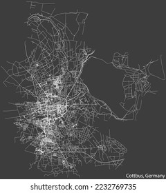 Mapa detallado negativo de las líneas blancas de navegación en las calles urbanas de la ciudad alemana de COTTBUS, ALEMANIA sobre fondo gris oscuro