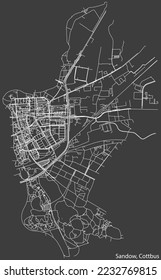Detailed negative navigation white lines urban street roads map of the SANDOW DISTRICT of the German town of COTTBUS, Germany on dark gray background